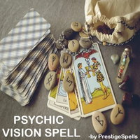 runes and tarot cards psychic items sitting next to a small tan cloth drawstring bag on a brown table background