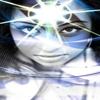 woman with eyes open looking at camera, with a psychic third eye light flash star