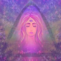 drawing of woman with pink wavy hair with eyes closed, with psychic third eye open. she is in a triangle. purple background
