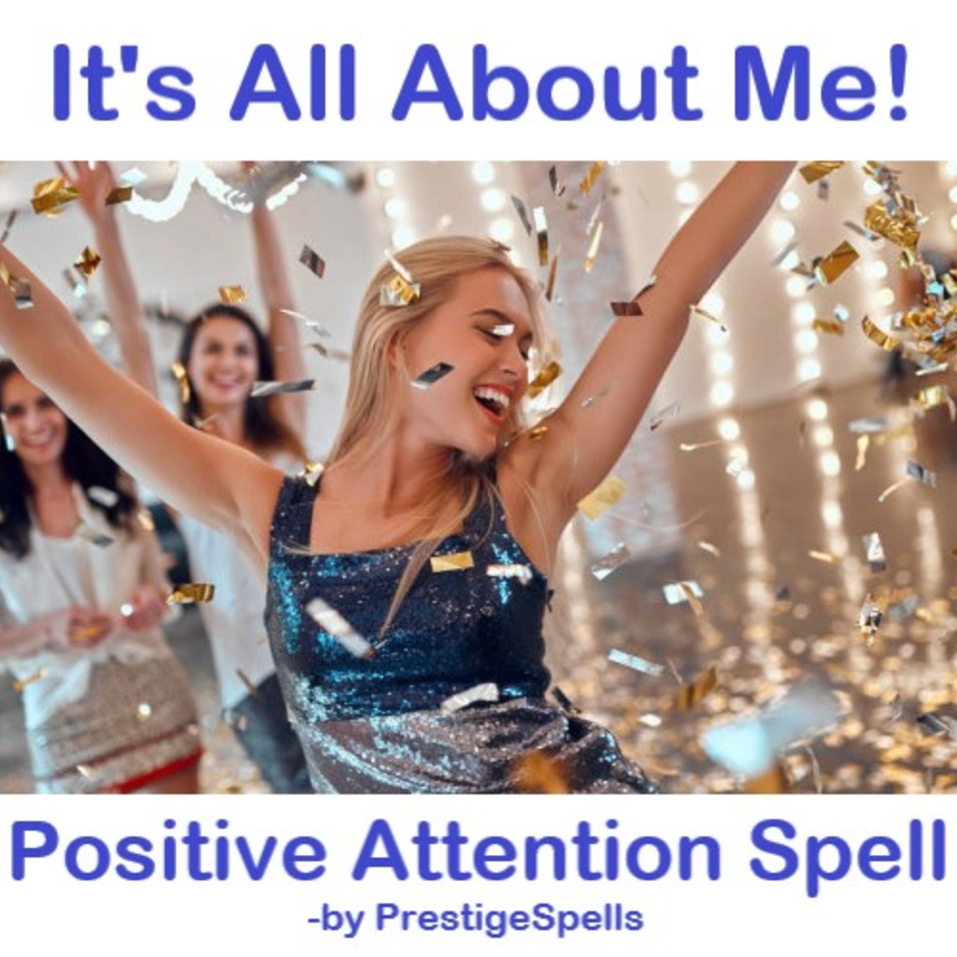 young blonde woman in blue sparkly dress happy, with arms up, as gold confetti falls all around her