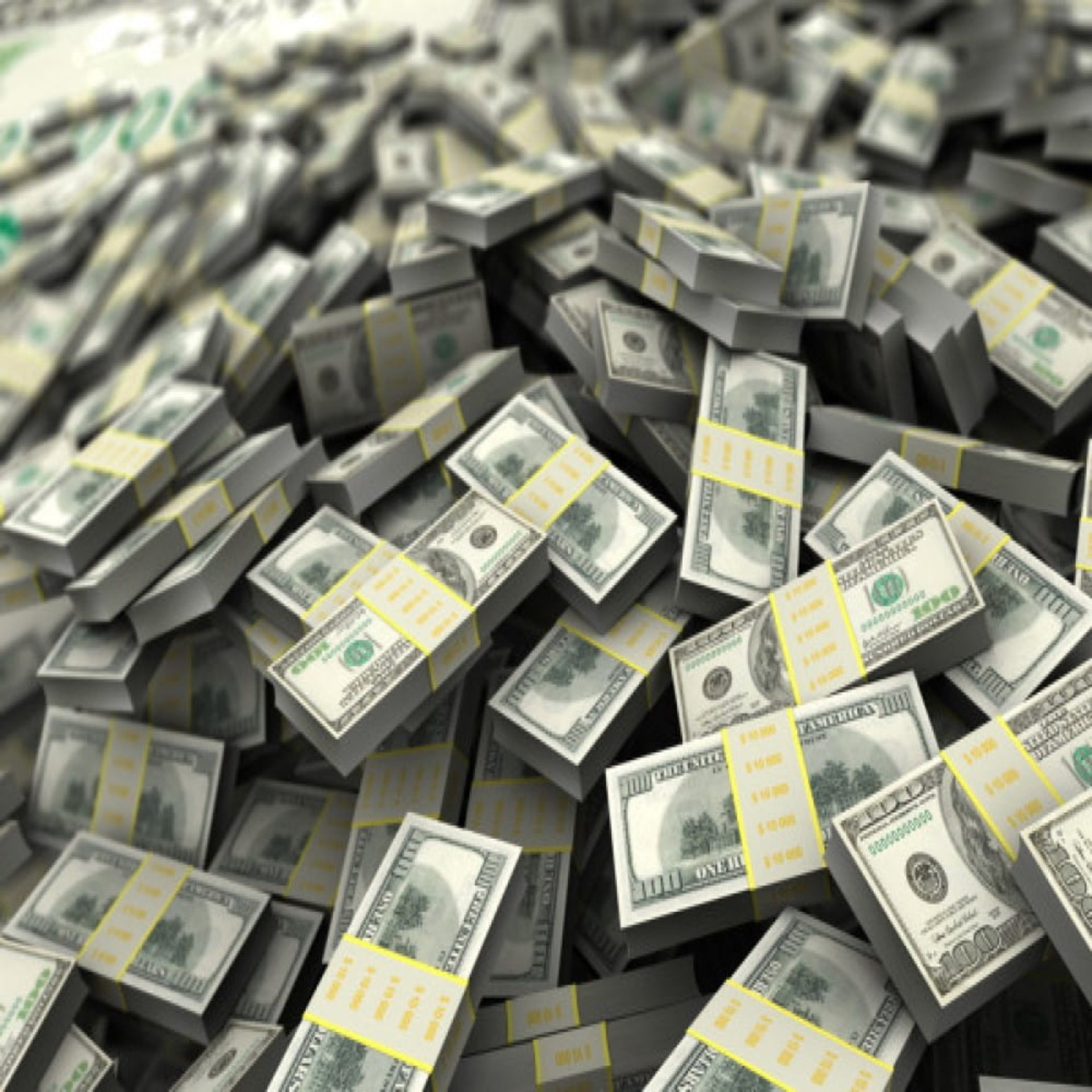 piles and stacks of banded cash money hundred dollar bills
