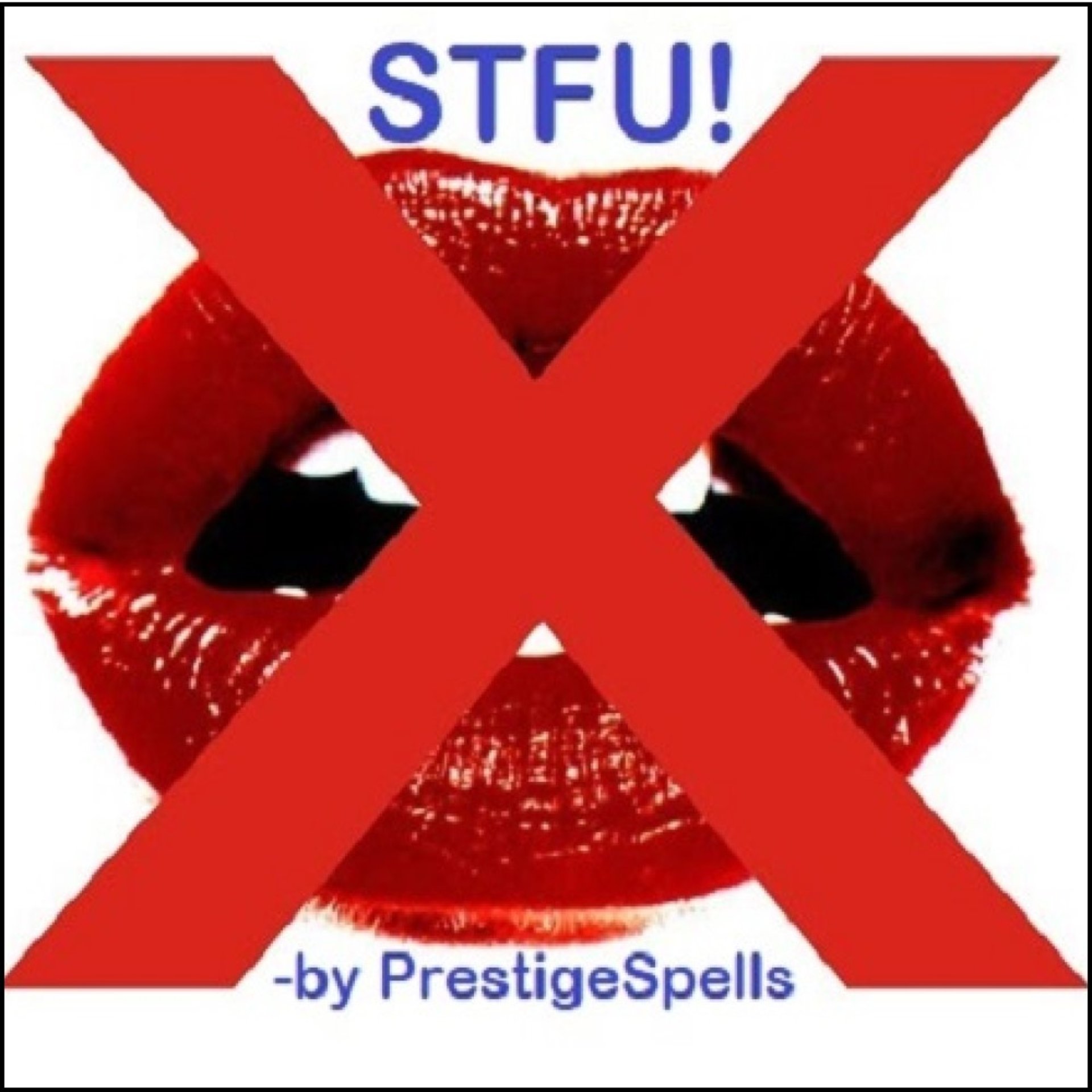 partially open red lips mouth with large red x over it, crossed out