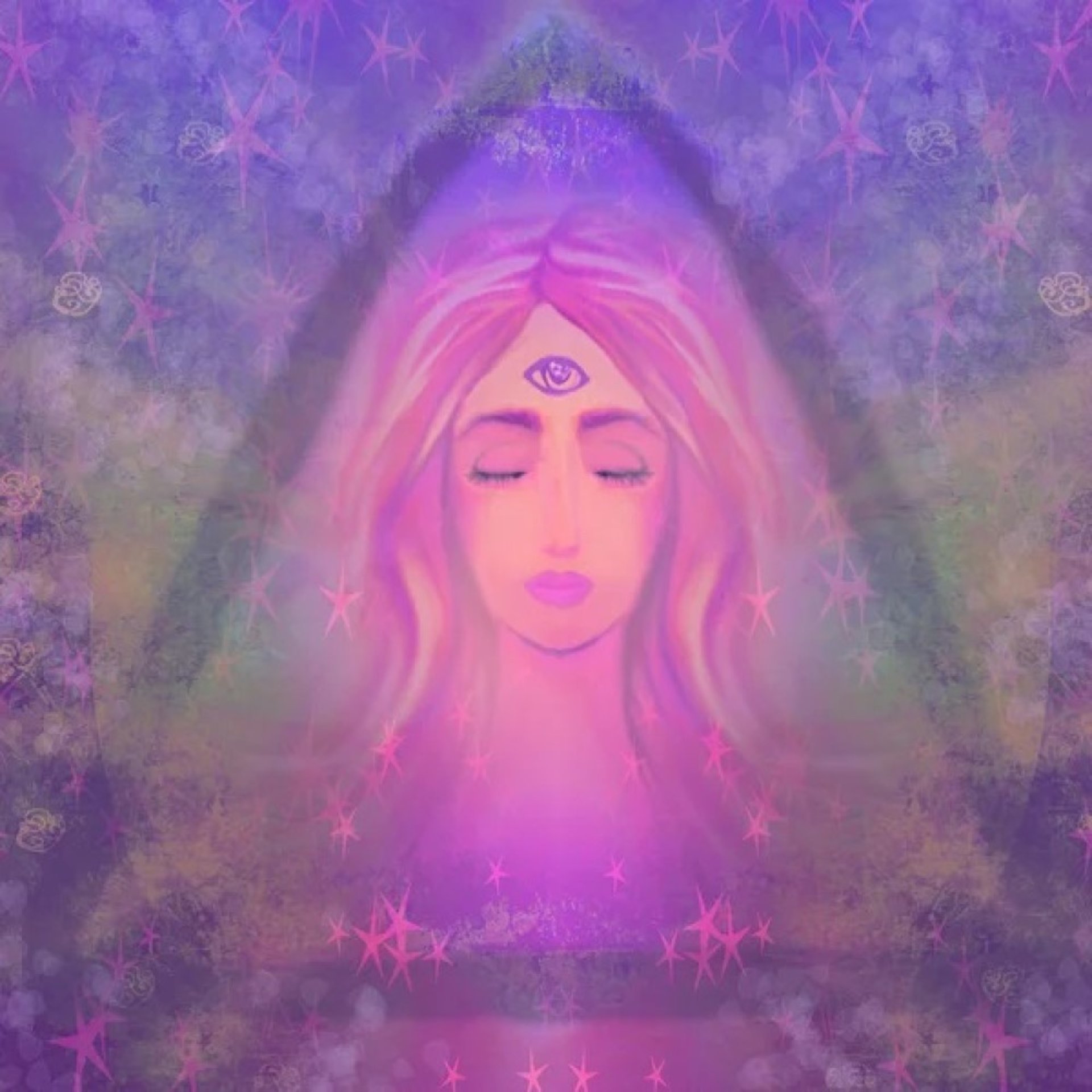 drawing of woman with pink wavy hair with eyes closed, with psychic third eye open. she is in a triangle. purple background